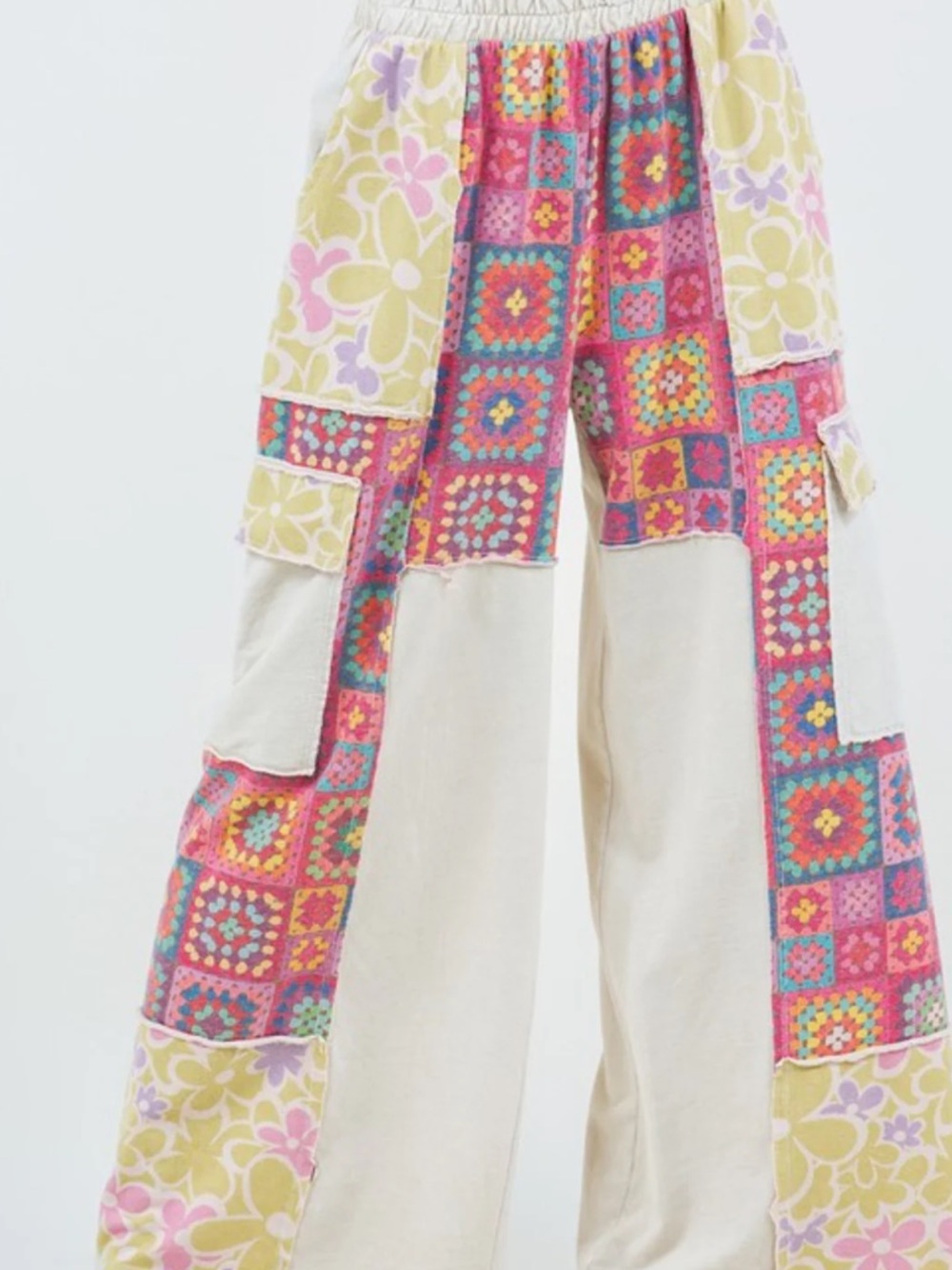 J.her Mineral Washed Wide Leg Pants Colorful Patchwork Pockets